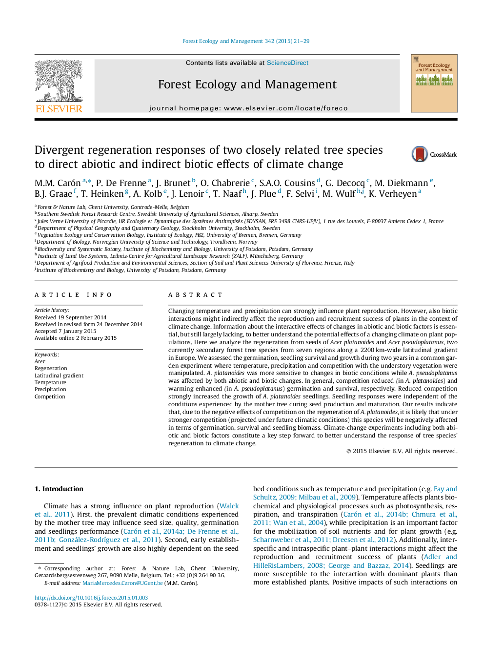 Divergent regeneration responses of two closely related tree species to direct abiotic and indirect biotic effects of climate change