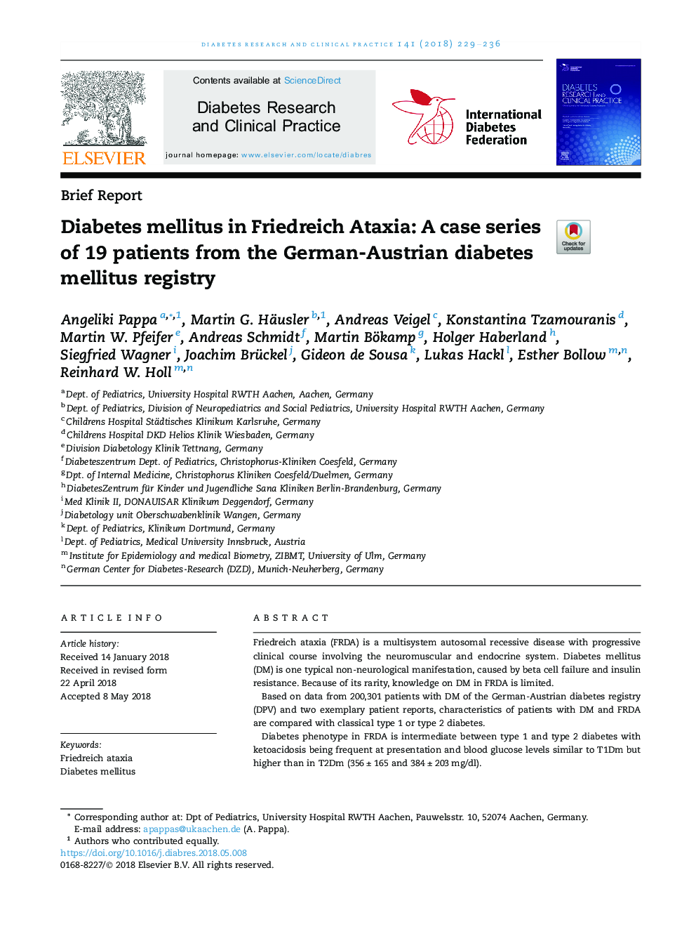 Diabetes mellitus in Friedreich Ataxia: A case series of 19 patients from the German-Austrian diabetes mellitus registry