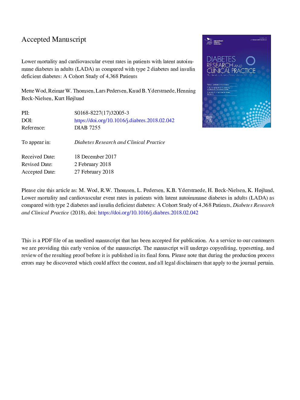 Lower mortality and cardiovascular event rates in patients with Latent Autoimmune Diabetes In Adults (LADA) as compared with type 2 diabetes and insulin deficient diabetes: A cohort study of 4368 patients