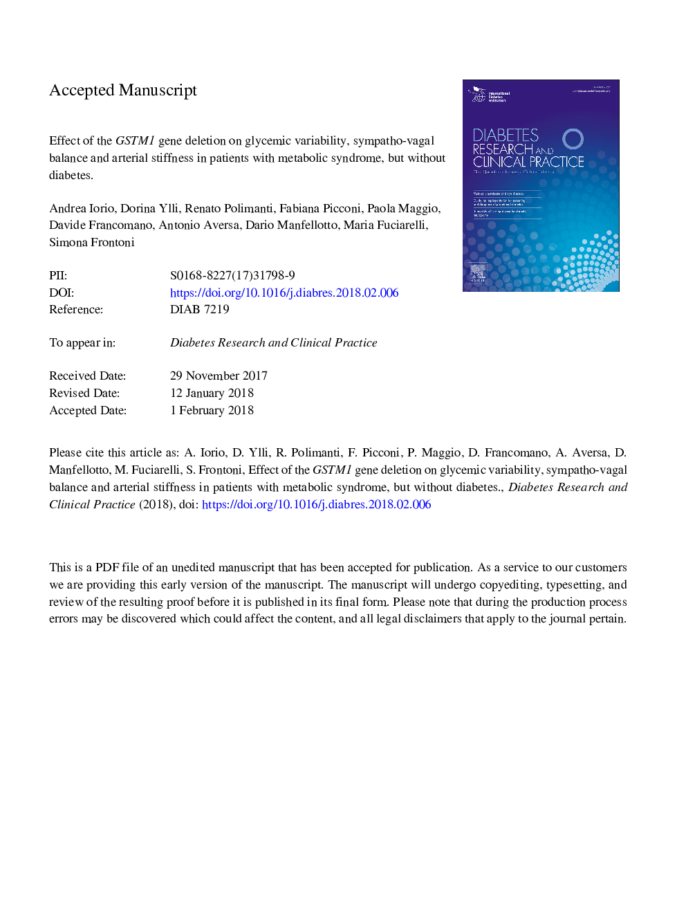 Effect of the GSTM1 gene deletion on glycemic variability, sympatho-vagal balance and arterial stiffness in patients with metabolic syndrome, but without diabetes