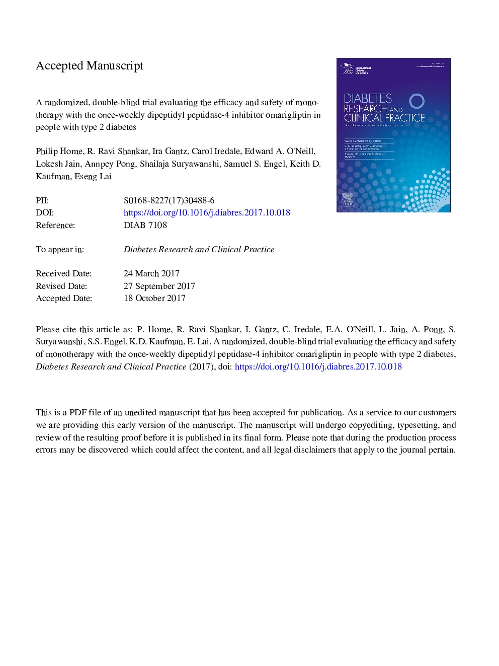 A randomized, double-blind trial evaluating the efficacy and safety of monotherapy with the once-weekly dipeptidyl peptidase-4 inhibitor omarigliptin in people with type 2 diabetes