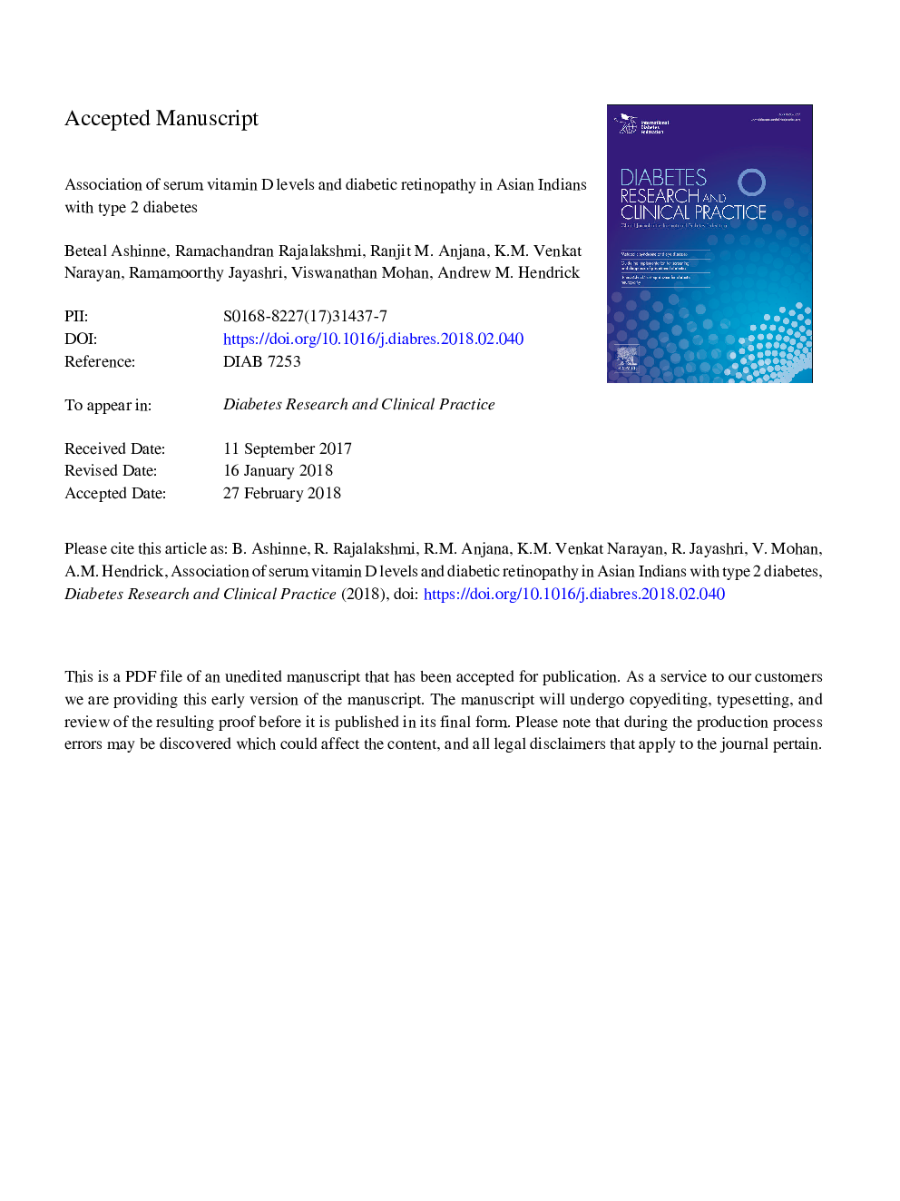 عکس صفحه اول مقاله: Association of serum vitamin D levels and diabetic retinopathy in Asian Indians with type 2 diabetes Association of serum vitamin D levels and diabetic retinopathy in Asian Indians with type 2 diabetes