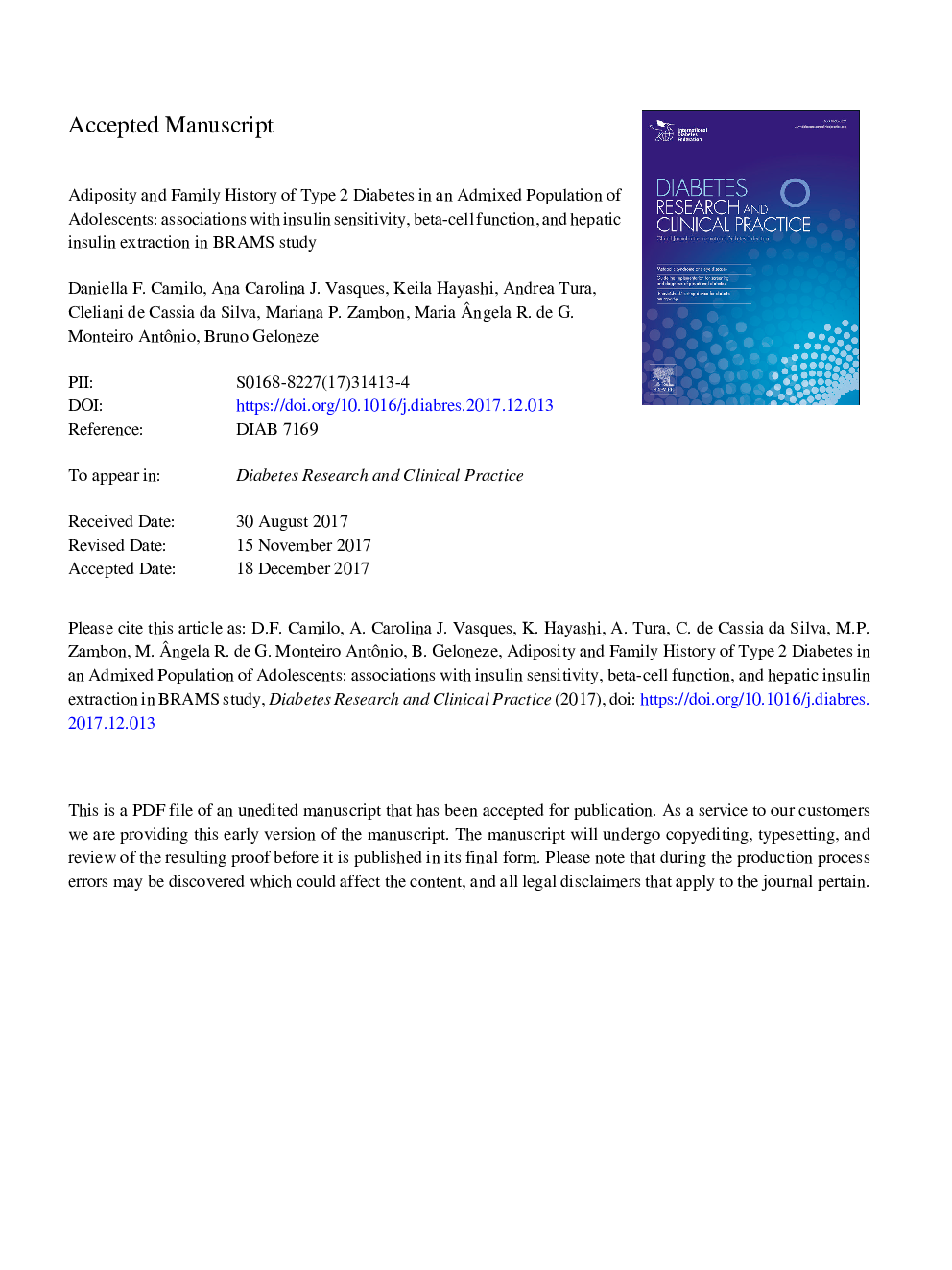 Adiposity and family history of type 2 diabetes in an admixed population of adolescents: Associations with insulin sensitivity, beta-cell function, and hepatic insulin extraction in BRAMS study