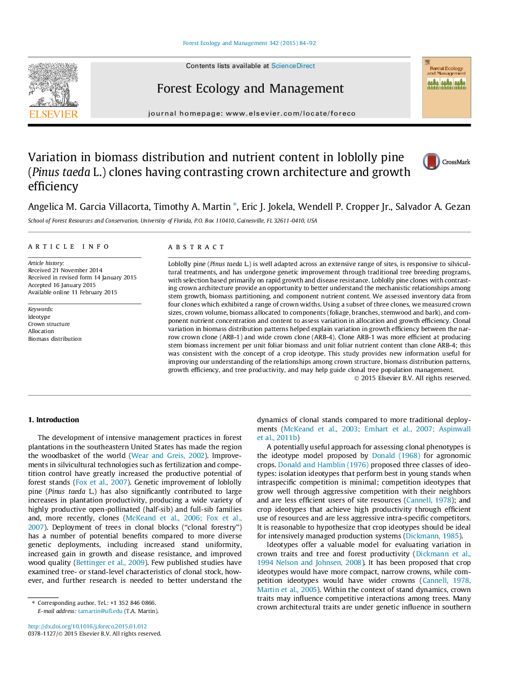 Variation in biomass distribution and nutrient content in loblolly pine (Pinus taeda L.) clones having contrasting crown architecture and growth efficiency