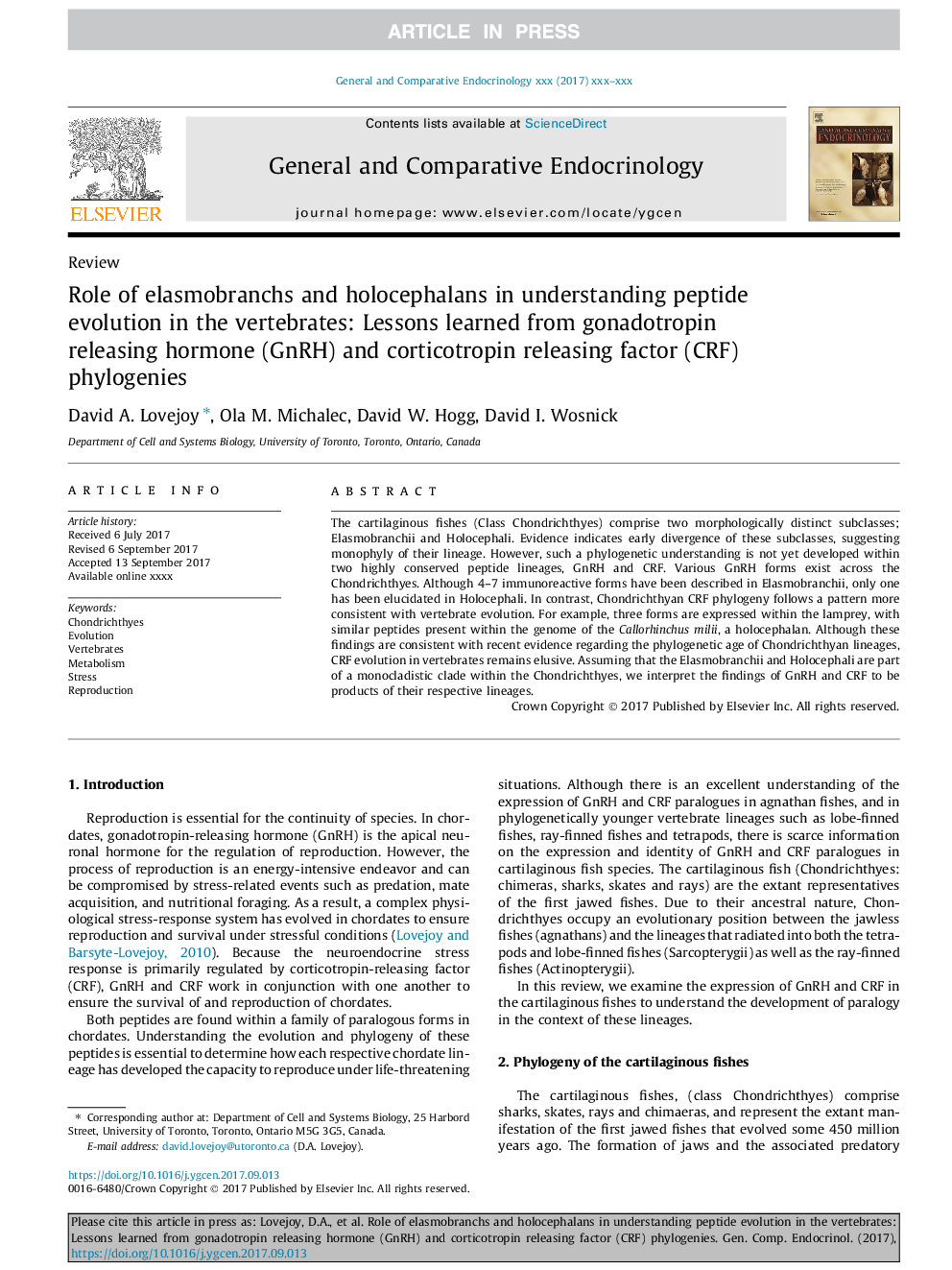 Role of elasmobranchs and holocephalans in understanding peptide evolution in the vertebrates: Lessons learned from gonadotropin releasing hormone (GnRH) and corticotropin releasing factor (CRF) phylogenies