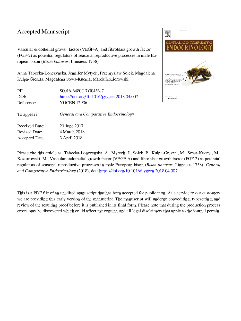 Vascular endothelial growth factor (VEGF-A) and fibroblast growth factor (FGF-2) as potential regulators of seasonal reproductive processes in male European bison (Bison bonasus, Linnaeus 1758)