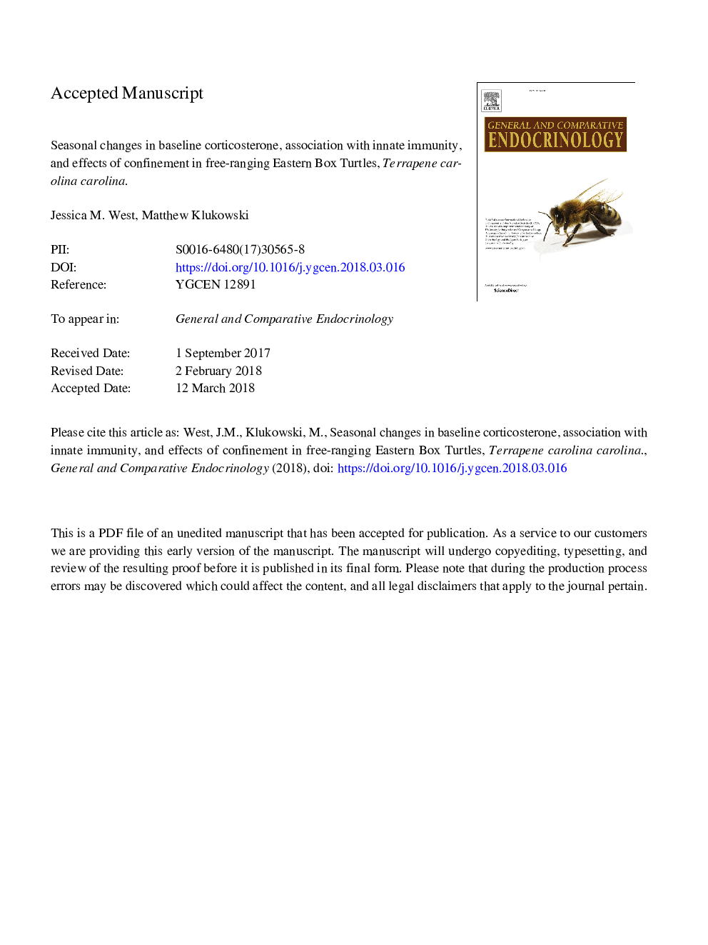 Seasonal changes in baseline corticosterone, association with innate immunity, and effects of confinement in free-ranging Eastern Box Turtles, Terrapene carolina carolina