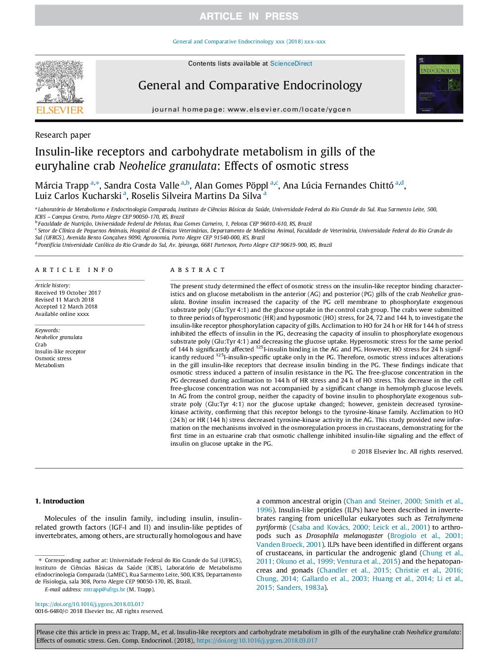 Insulin-like receptors and carbohydrate metabolism in gills of the euryhaline crab Neohelice granulata: Effects of osmotic stress