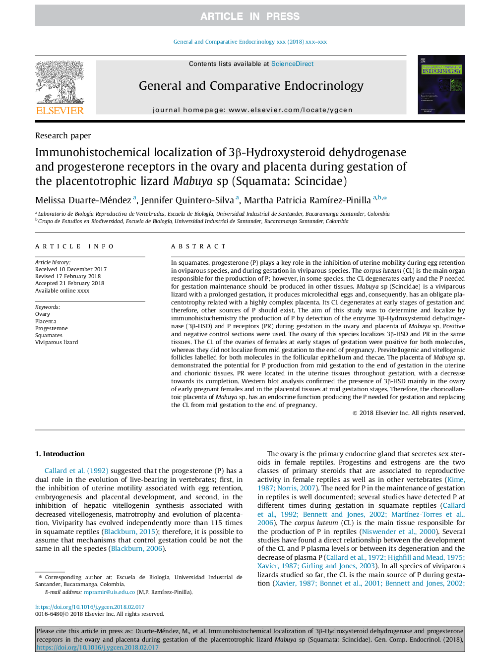 Immunohistochemical localization of 3Î²-Hydroxysteroid dehydrogenase and progesterone receptors in the ovary and placenta during gestation of the placentotrophic lizard Mabuya sp (Squamata: Scincidae)