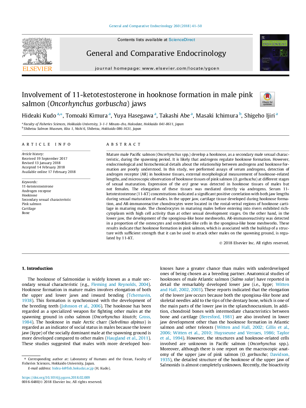 Involvement of 11-ketotestosterone in hooknose formation in male pink salmon (Oncorhynchus gorbuscha) jaws