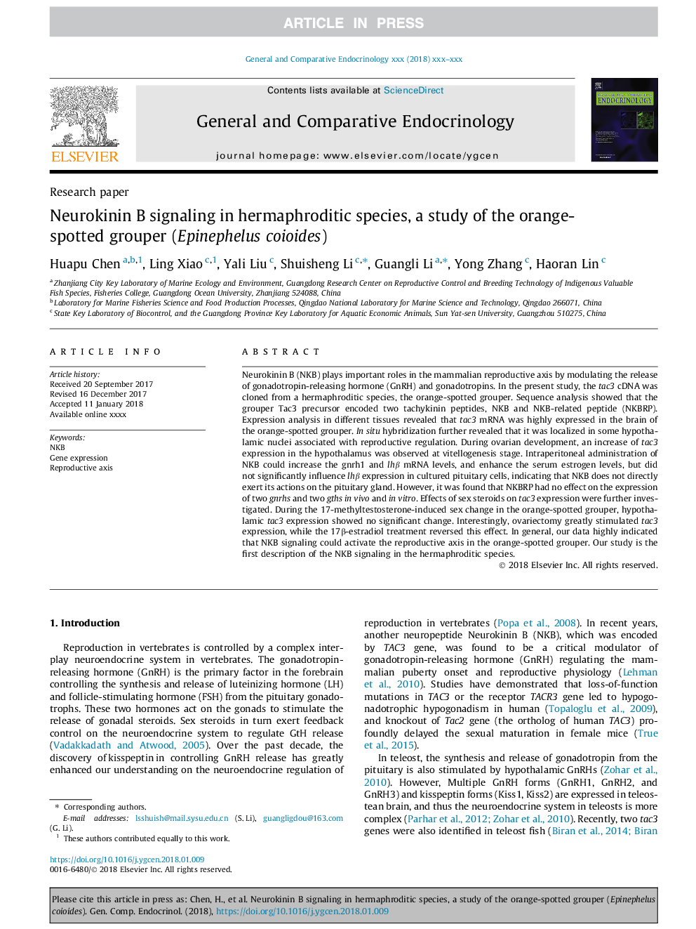 Neurokinin B signaling in hermaphroditic species, a study of the orange-spotted grouper (Epinephelus coioides)