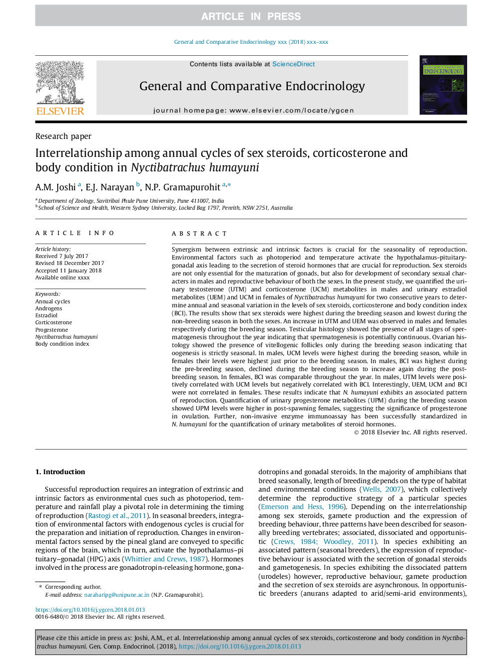 Interrelationship among annual cycles of sex steroids, corticosterone and body condition in Nyctibatrachus humayuni