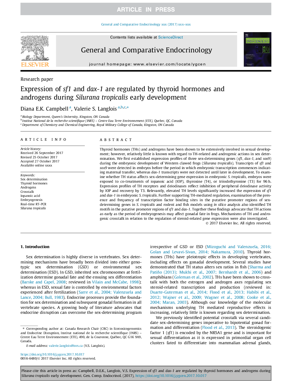 Expression of sf1 and dax-1 are regulated by thyroid hormones and androgens during Silurana tropicalis early development