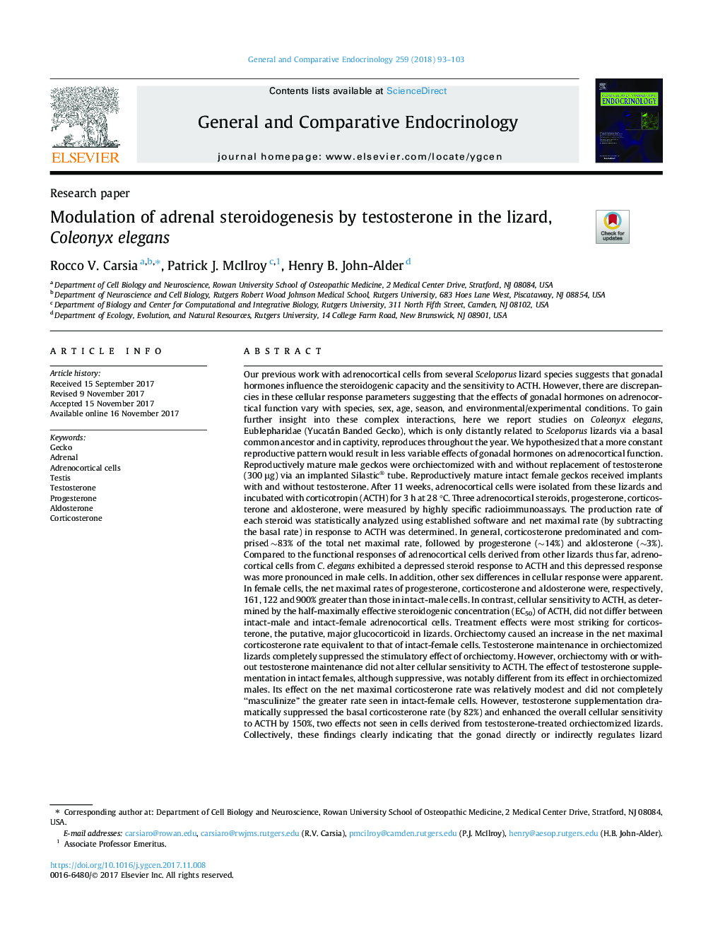 Modulation of adrenal steroidogenesis by testosterone in the lizard, Coleonyx elegans