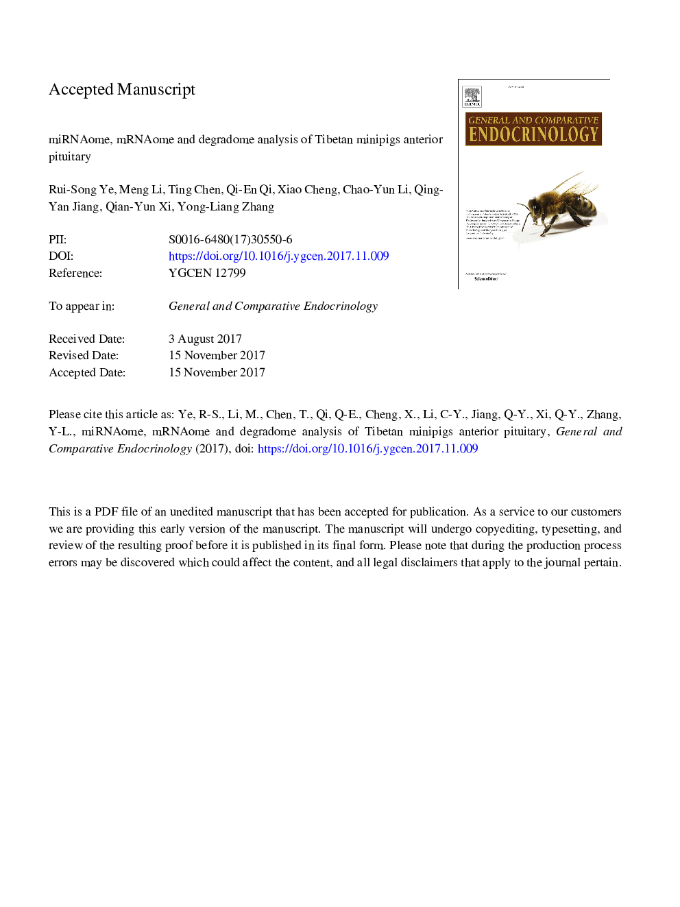 miRNAome, mRNAome and degradome analysis of Tibetan minipigs anterior pituitary