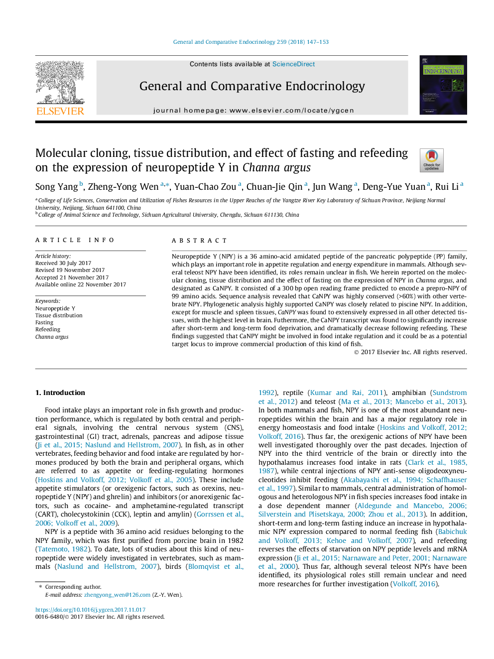 Molecular cloning, tissue distribution, and effect of fasting and refeeding on the expression of neuropeptide Y in Channa argus