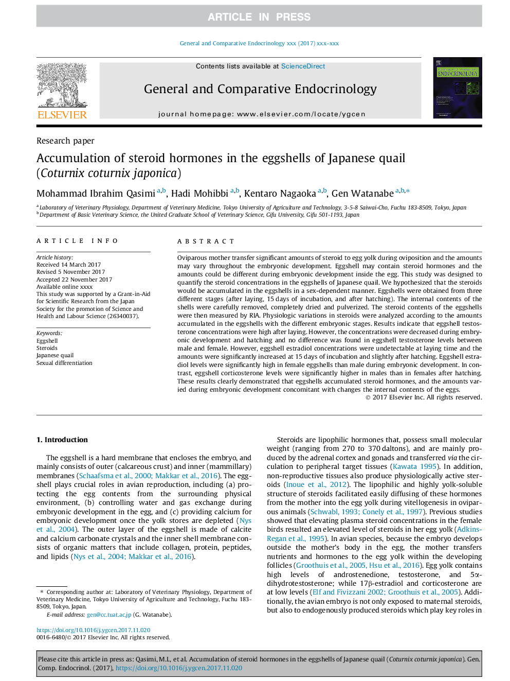 Accumulation of steroid hormones in the eggshells of Japanese quail (Coturnix coturnix japonica)