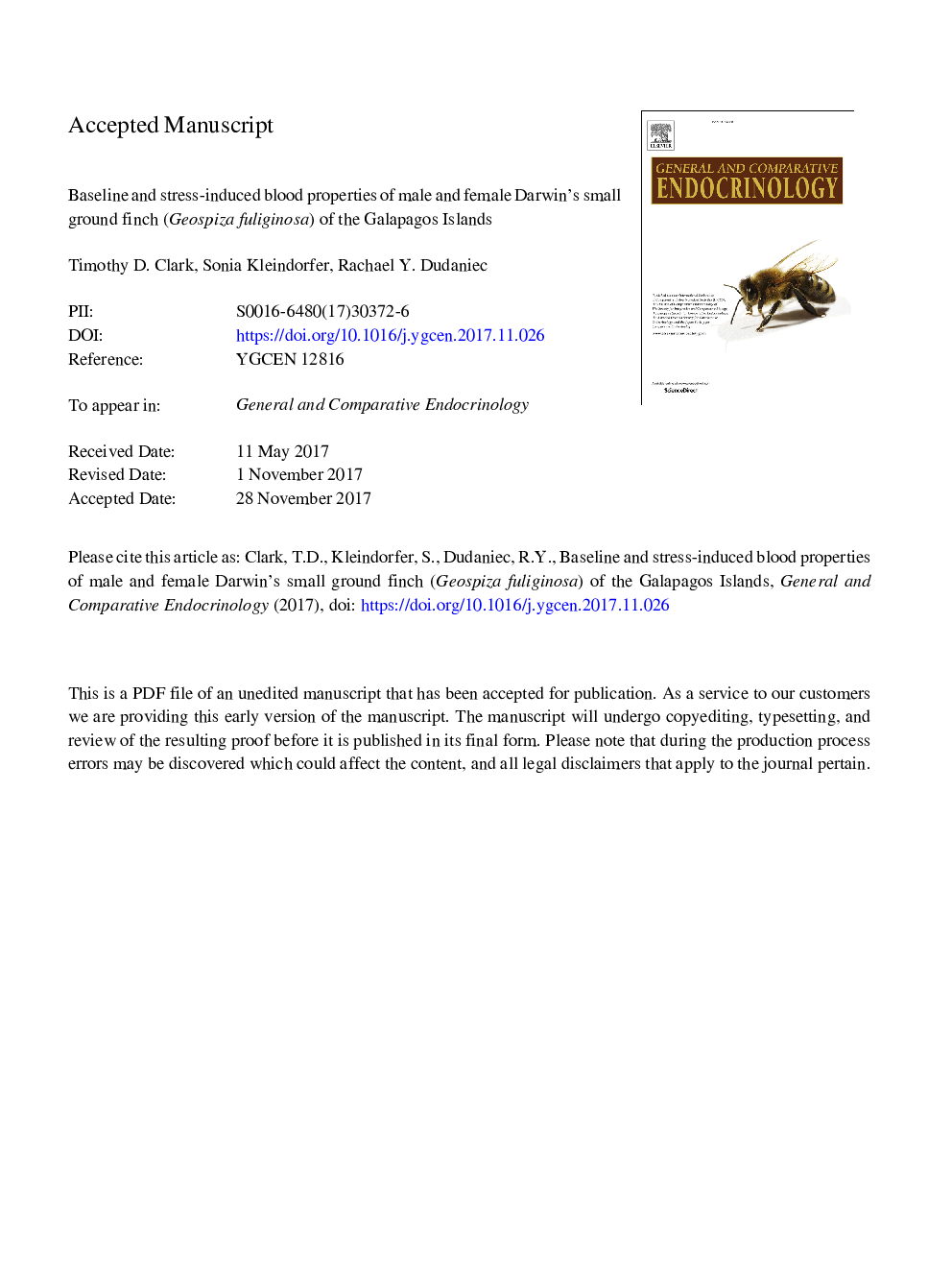 Baseline and stress-induced blood properties of male and female Darwin's small ground finch (Geospiza fuliginosa) of the Galapagos Islands