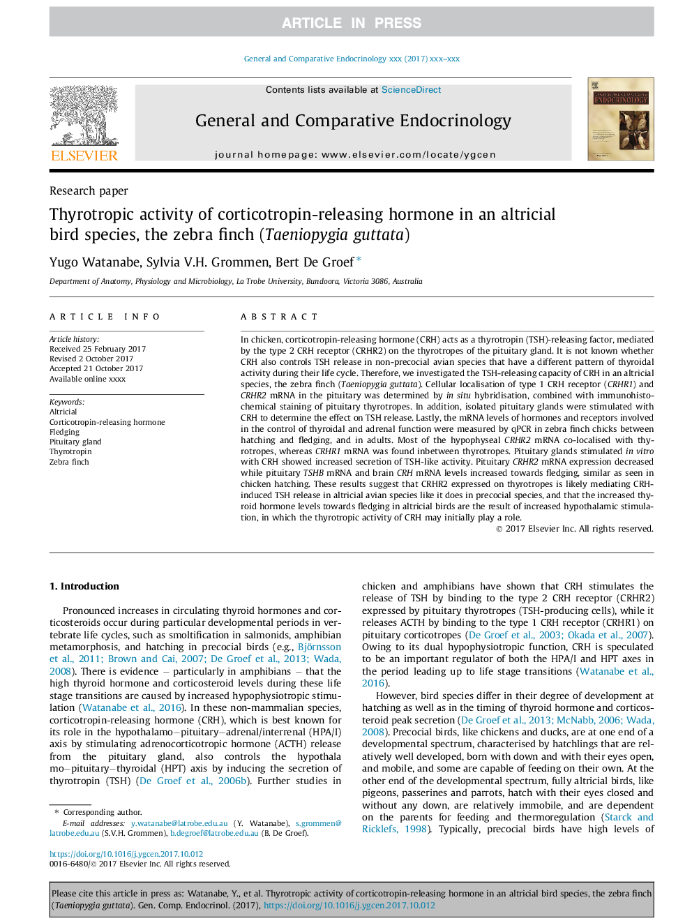 Thyrotropic activity of corticotropin-releasing hormone in an altricial bird species, the zebra finch (Taeniopygia guttata)