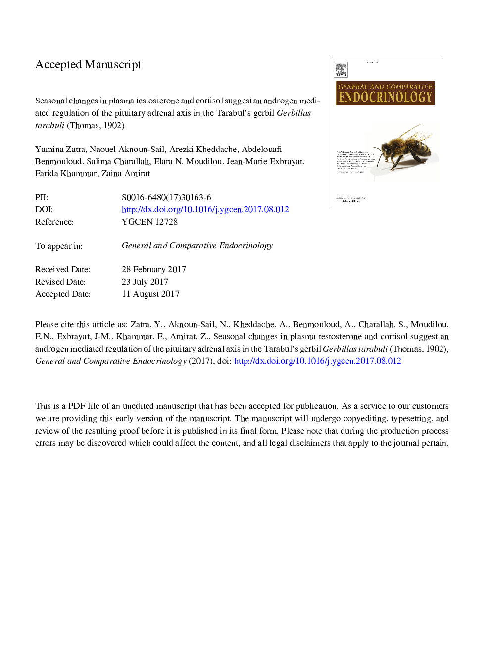 تغییرات فصلی در تستوسترون و کورتیزول در پلاسما نشان می دهد که تنظیم واسطه آندروژن از محور غده هیپوفیز در گربیلوس تارابولی (توماس، 1902) 