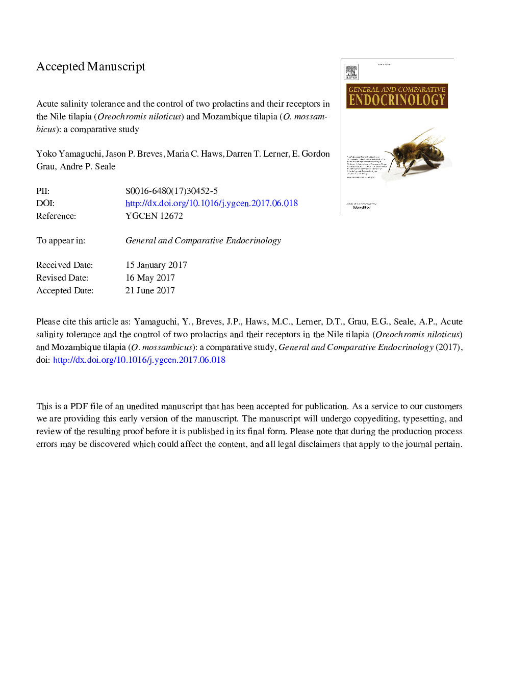 Acute salinity tolerance and the control of two prolactins and their receptors in the Nile tilapia (Oreochromis niloticus) and Mozambique tilapia (O. mossambicus): A comparative study