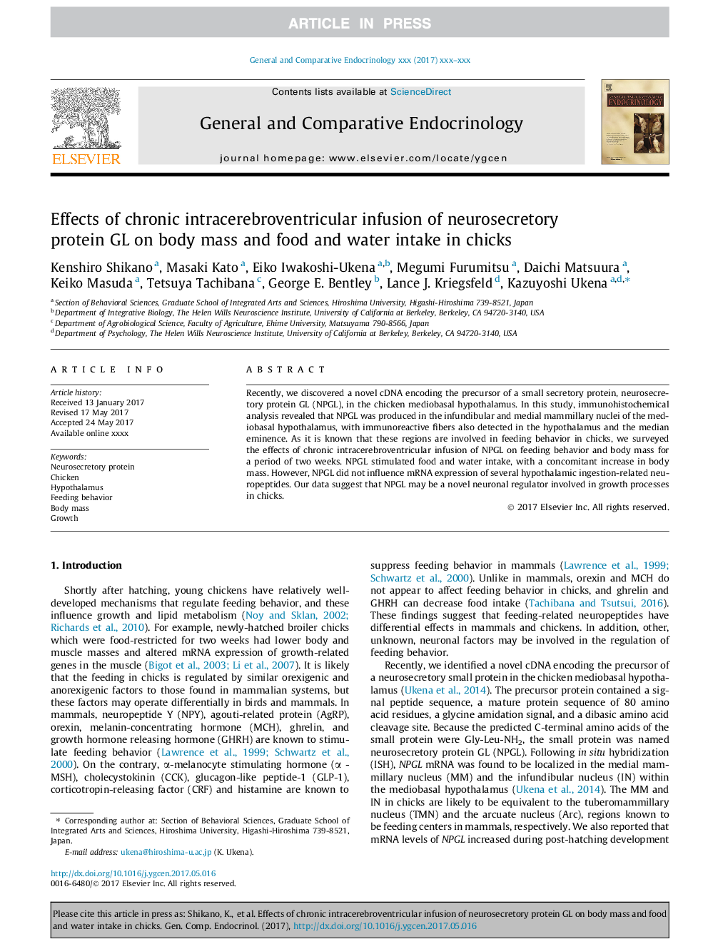 Effects of chronic intracerebroventricular infusion of neurosecretory protein GL on body mass and food and water intake in chicks