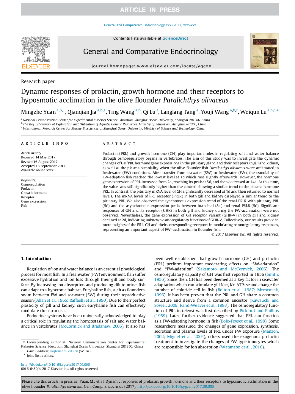 Dynamic responses of prolactin, growth hormone and their receptors to hyposmotic acclimation in the olive flounder Paralichthys olivaceus