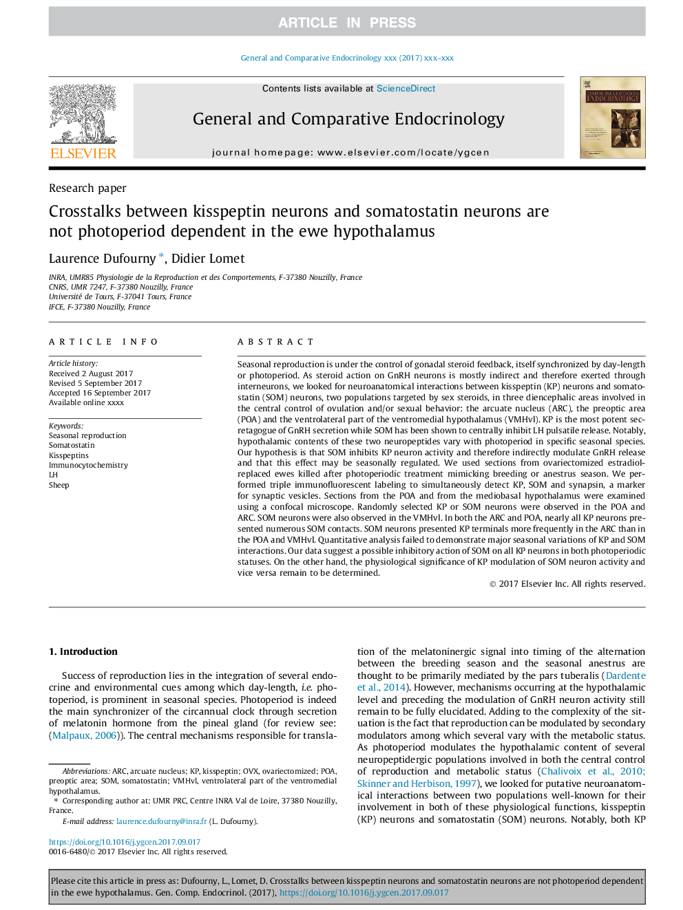 عکس صفحه اول مقاله: Crosstalks between kisspeptin neurons and somatostatin neurons are not photoperiod dependent in the ewe hypothalamus Crosstalks between kisspeptin neurons and somatostatin neurons are not photoperiod dependent in the ewe hypothalamus