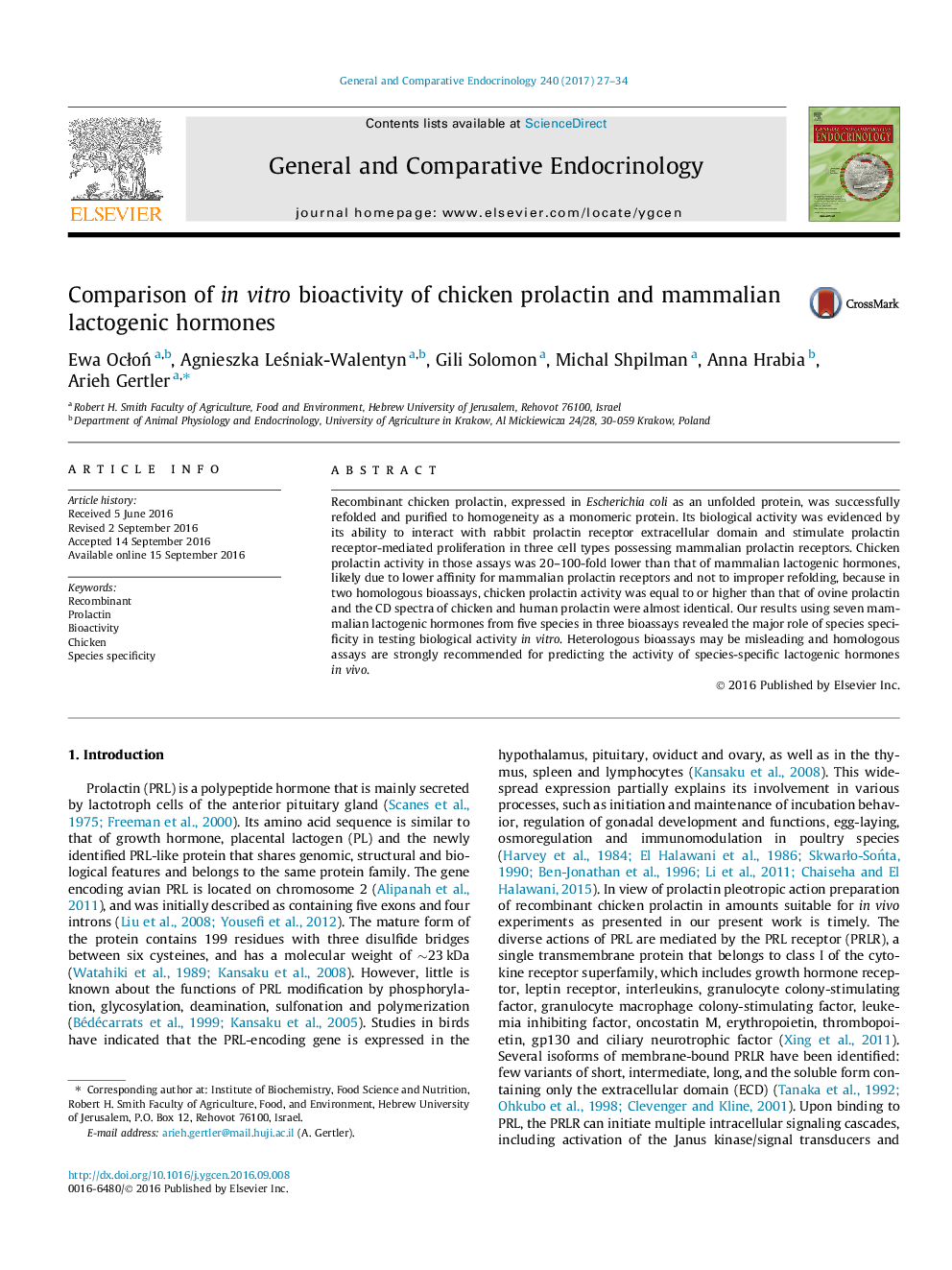 Comparison of in vitro bioactivity of chicken prolactin and mammalian lactogenic hormones