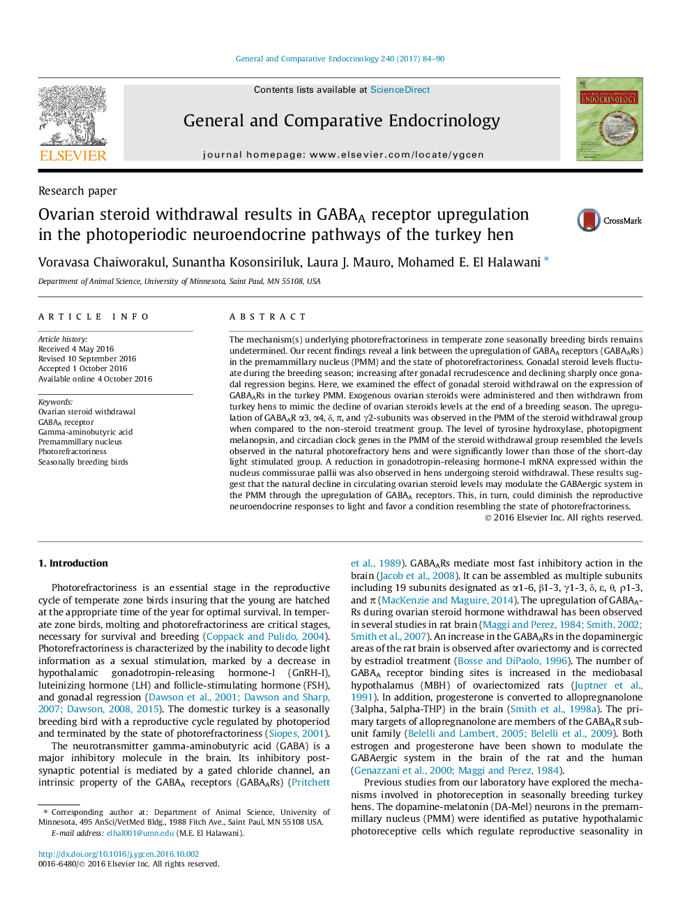 Ovarian steroid withdrawal results in GABAA receptor upregulation in the photoperiodic neuroendocrine pathways of the turkey hen