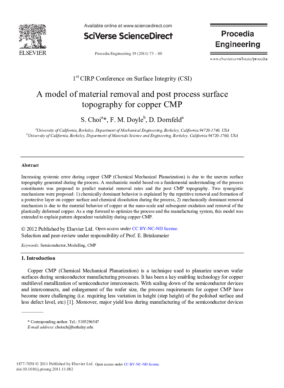 A Model of Material Removal and Post Process Surface Topography for Copper CMP