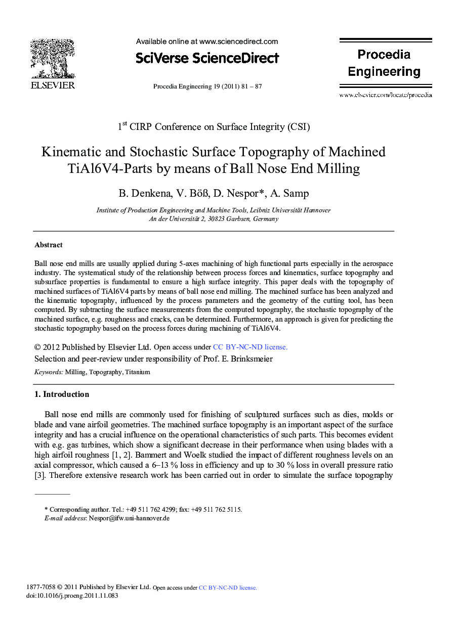 Kinematic and Stochastic Surface Topography of Machined TiAl6V4-Parts by means of Ball Nose End Milling