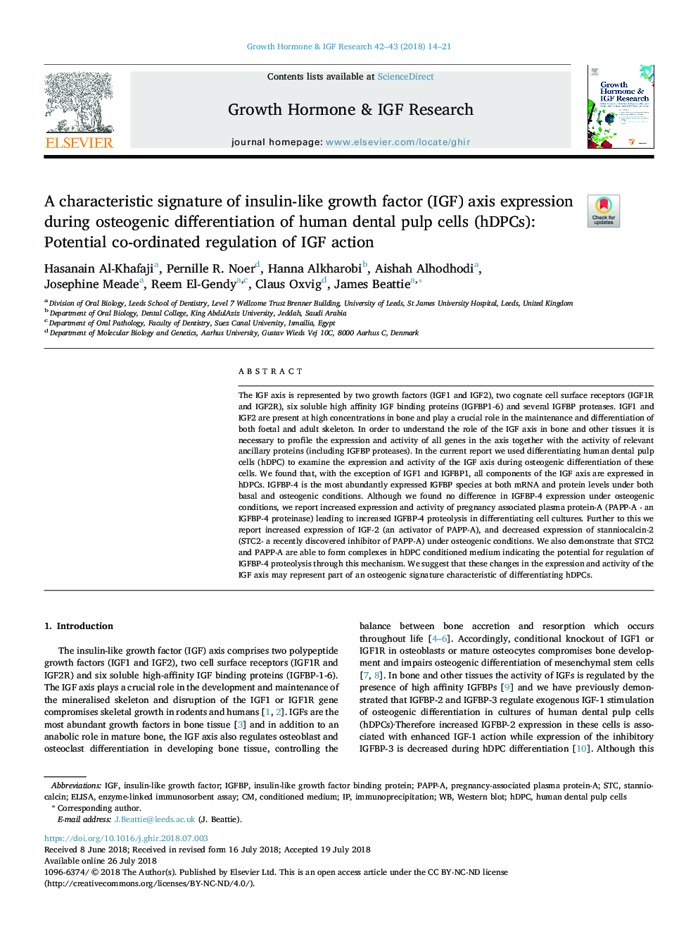 A characteristic signature of insulin-like growth factor (IGF) axis expression during osteogenic differentiation of human dental pulp cells (hDPCs): Potential co-ordinated regulation of IGF action