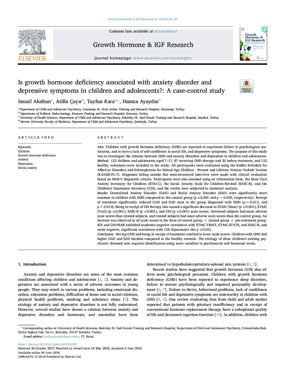 Is growth hormone deficiency associated with anxiety disorder and depressive symptoms in children and adolescents?: A case-control study