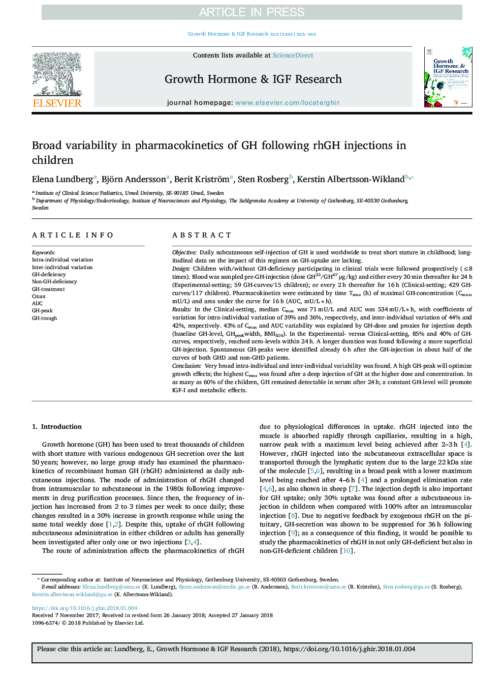 عکس صفحه اول مقاله: Broad variability in pharmacokinetics of GH following rhGH injections in children Broad variability in pharmacokinetics of GH following rhGH injections in children