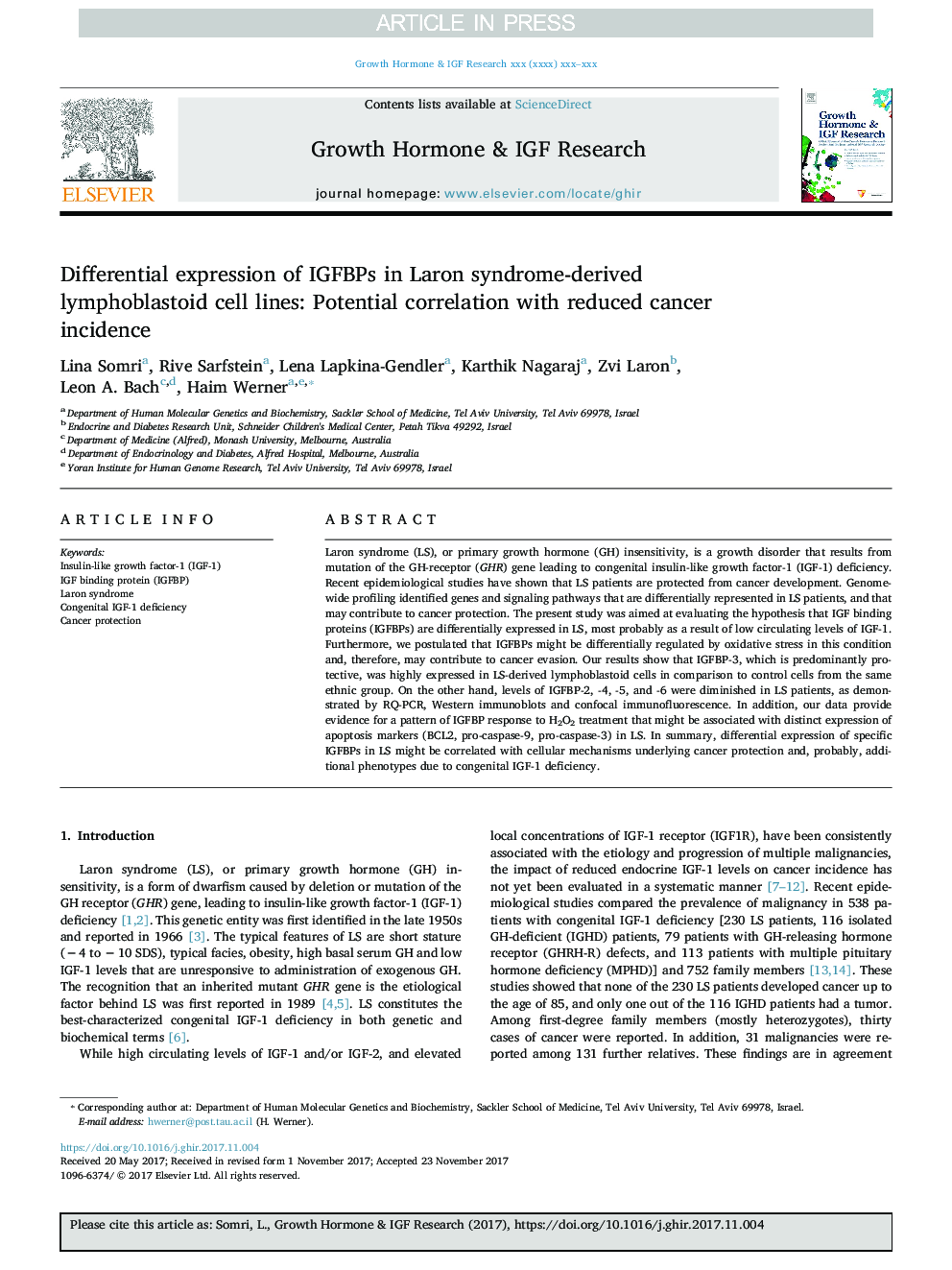 Differential expression of IGFBPs in Laron syndrome-derived lymphoblastoid cell lines: Potential correlation with reduced cancer incidence