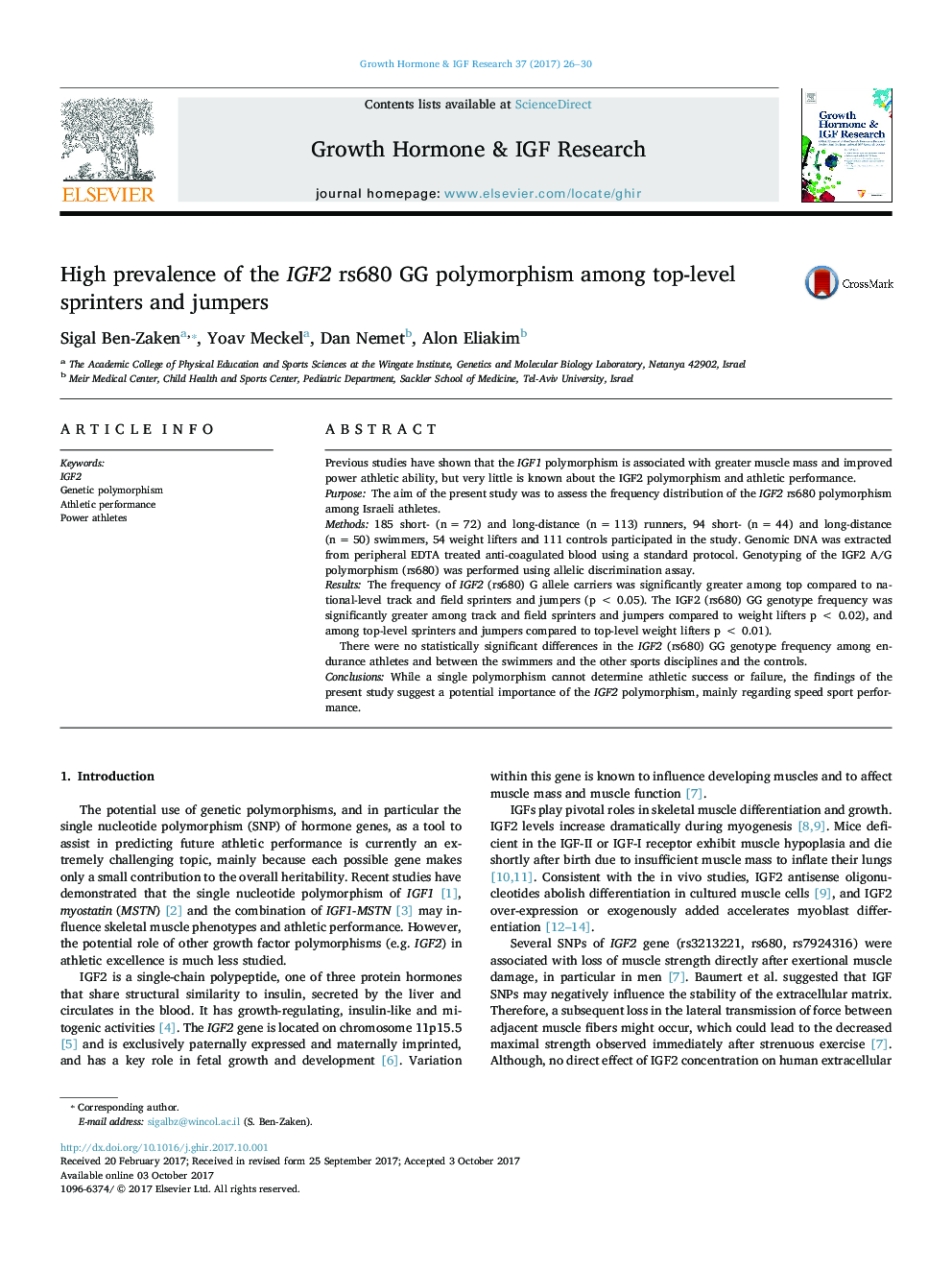 High prevalence of the IGF2 rs680 GG polymorphism among top-level sprinters and jumpers