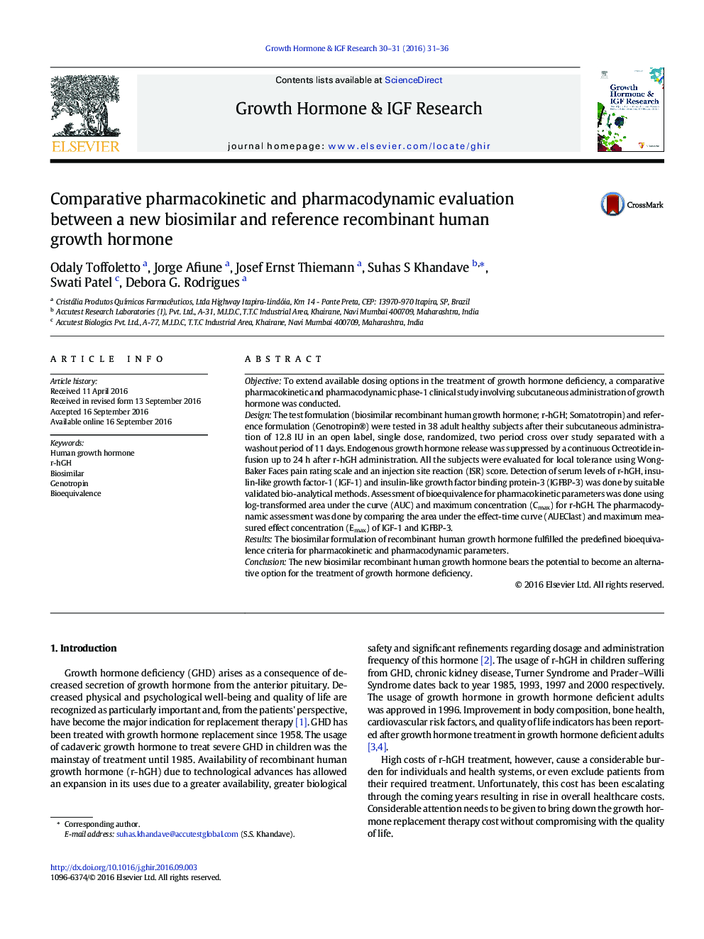 Comparative pharmacokinetic and pharmacodynamic evaluation between a new biosimilar and reference recombinant human growth hormone