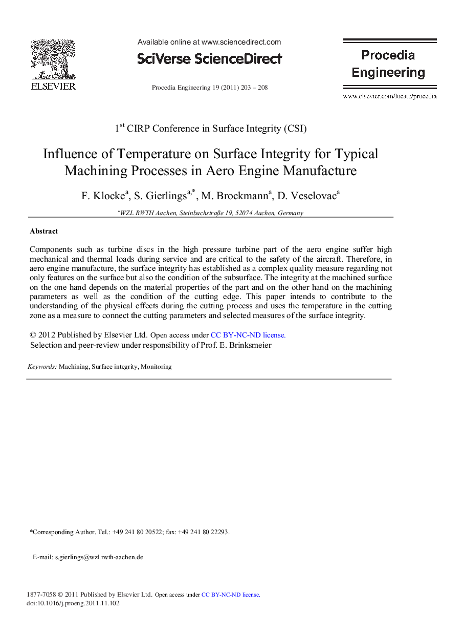 Influence of Temperature on Surface Integrity for Typical Machining Processes in Aero Engine Manufacture