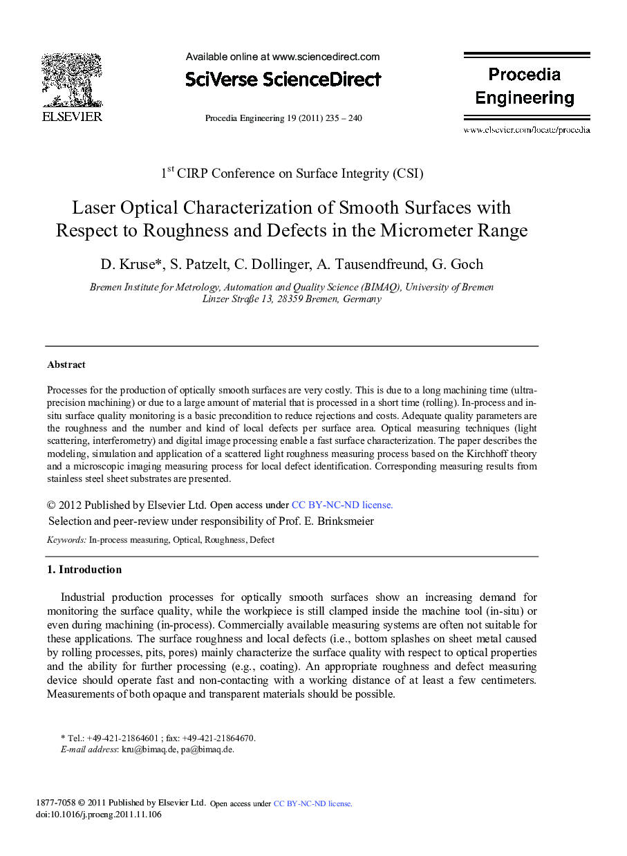 Laser Optical Characterization of Smooth Surfaces with Respect to Roughness and Defects in the Micrometer Range