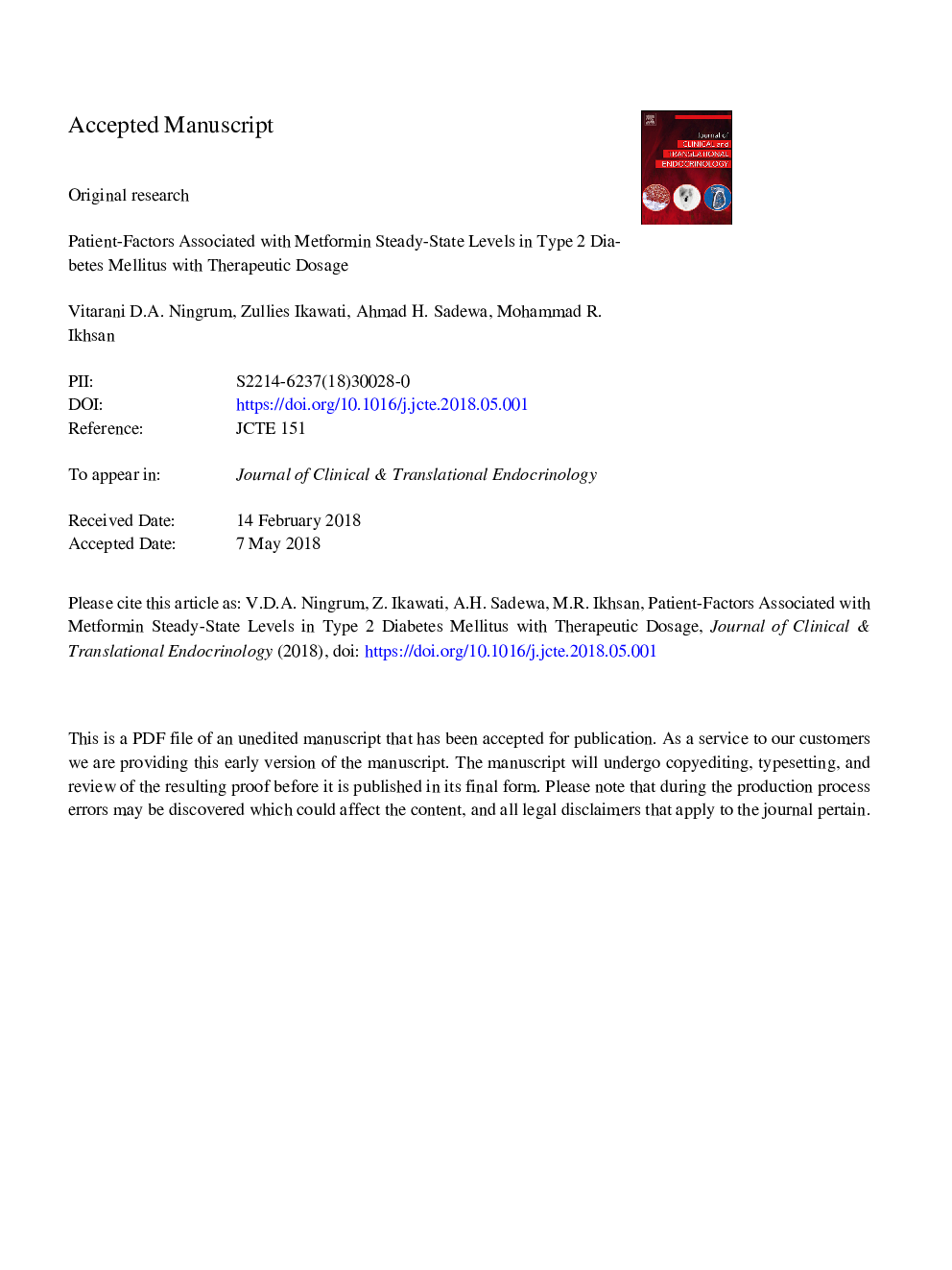 Patient-factors associated with metformin steady-state levels in type 2 diabetes mellitus with therapeutic dosage