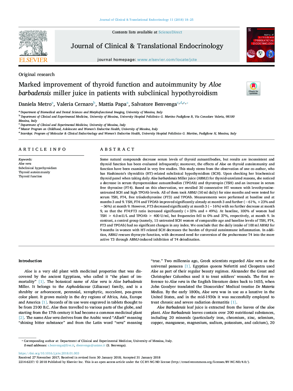 Marked improvement of thyroid function and autoimmunity by Aloe barbadensis miller juice in patients with subclinical hypothyroidism