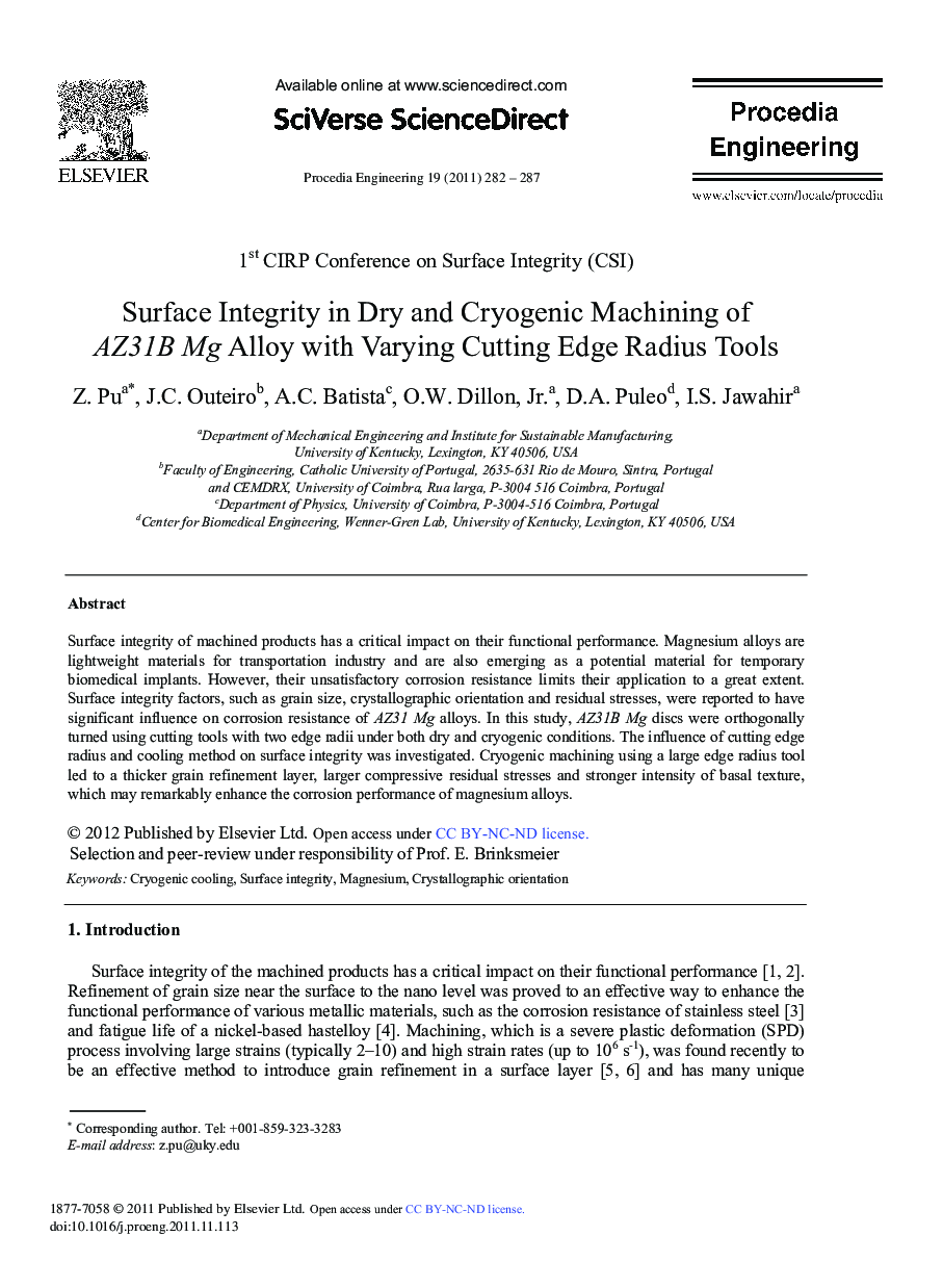 Surface Integrity in Dry and Cryogenic Machining of AZ31B Mg Alloy with Varying Cutting Edge Radius Tools