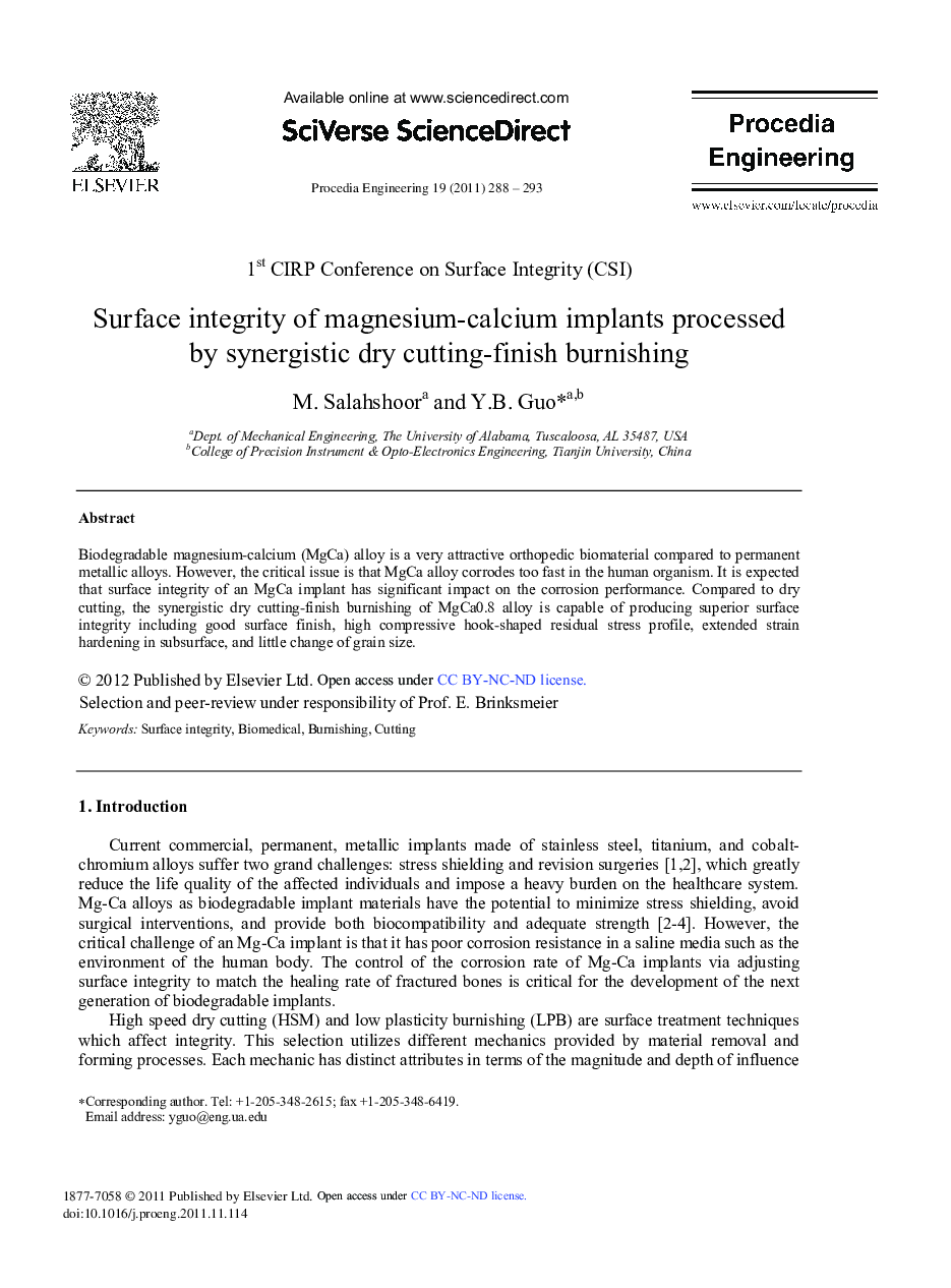 Surface integrity of magnesium-calcium implants processed by synergistic dry cutting-finish burnishing