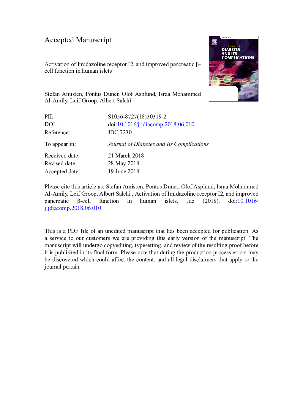 Activation of imidazoline receptor I2, and improved pancreatic Î²-cell function in human islets