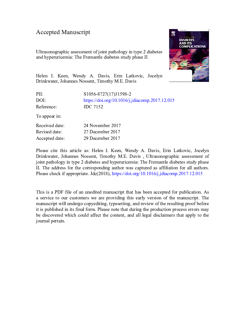 Ultrasonographic assessment of joint pathology in type 2 diabetes and hyperuricemia: The Fremantle Diabetes Study Phase II