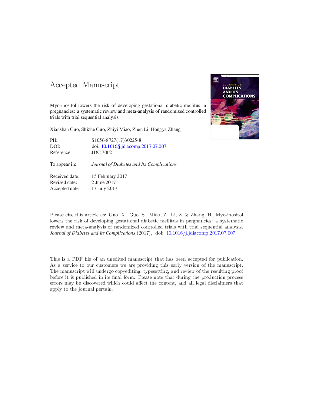 Myo-inositol lowers the risk of developing gestational diabetic mellitus in pregnancies: A systematic review and meta-analysis of randomized controlled trials with trial sequential analysis