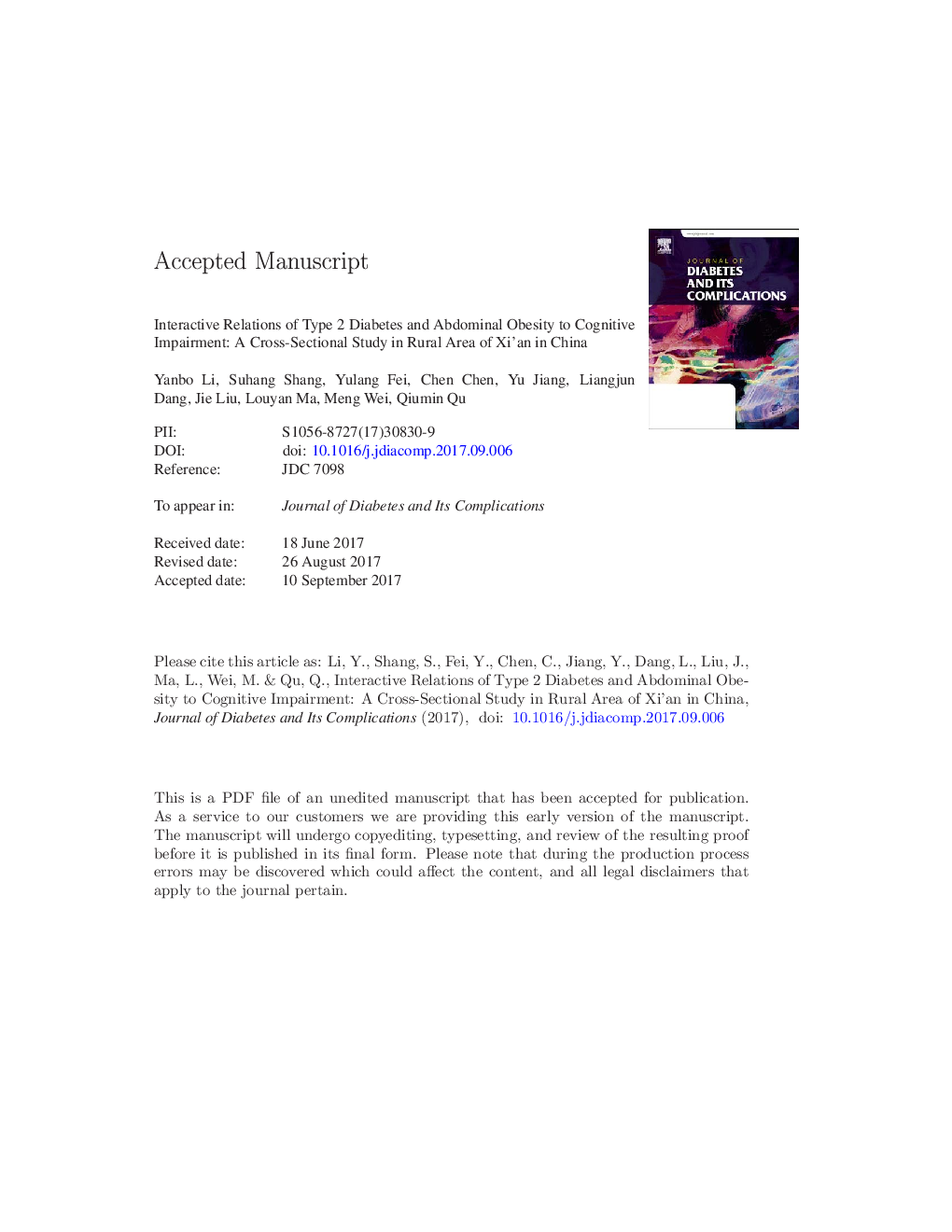 Interactive relations of type 2 diabetes and abdominal obesity to cognitive impairment: A cross-sectional study in rural area of Xi'an in China