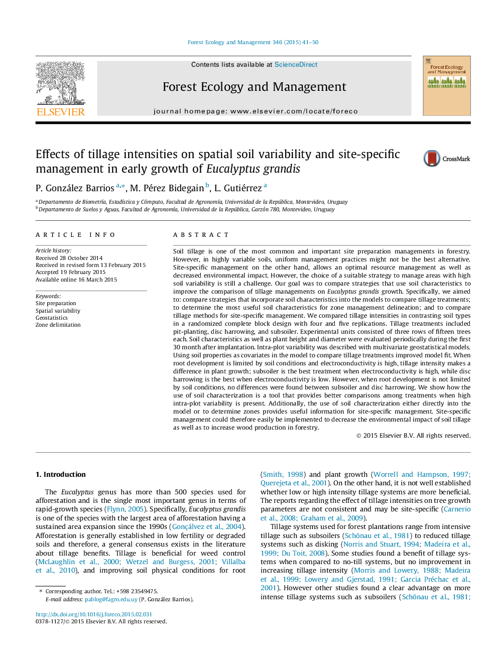 Effects of tillage intensities on spatial soil variability and site-specific management in early growth of Eucalyptus grandis