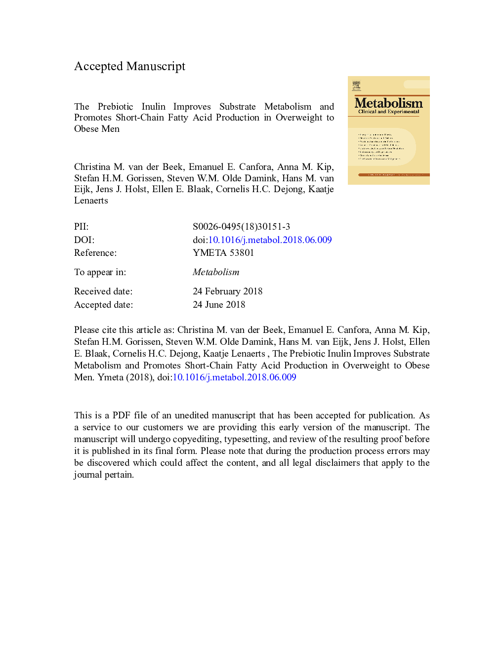 The prebiotic inulin improves substrate metabolism and promotes short-chain fatty acid production in overweight to obese men